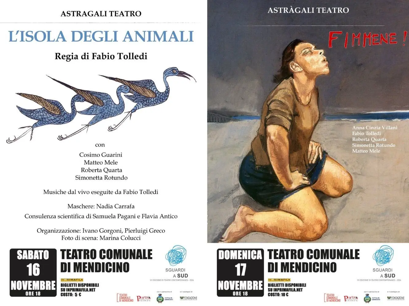 Doppio appuntamento teatrale a Mendicino: il 16 e 17 novembre, la rassegna Sguardi a Sud presenta due spettacoli imperdibili