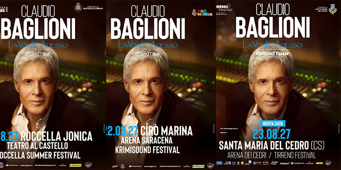 Posticipato al 2027 il “GrandTour La Vita è adesso” di Claudio Baglioni per questioni di salute dell’artista. Le nuove date dei concerti a Roccella Jonica (Rc), Cirò Marina (Kr) e Santa Maria del Cedro (Cs)