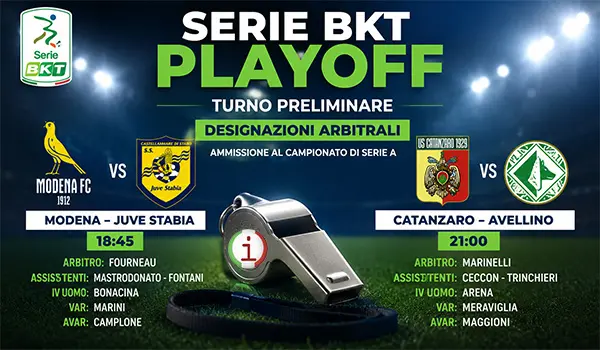 Serie B Playoff 2025-2026: arbitri ufficiali di Catanzaro-Avellino e Modena-Juve Stabia