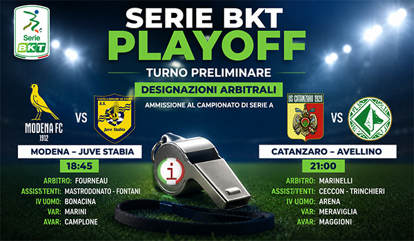 Serie B Playoff 2025-2026: arbitri ufficiali di Catanzaro-Avellino e Modena-Juve Stabia