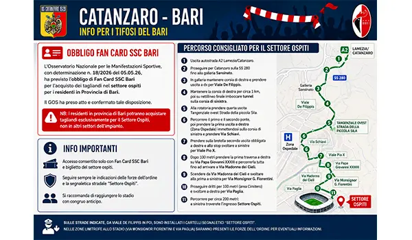 Catanzaro Bari settore ospiti: obbligo Fan Card per i residenti in provincia di Bari e percorso consigliato per arrivare al Ceravolo