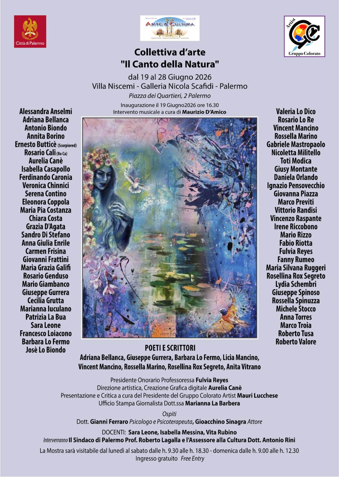 Gli artisti del Gruppo Colorato protagonisti della collettiva “Il Canto della Natura”. Direzione artistica di Aurelia Canè, a Palermo dal 19 al 28 giugno