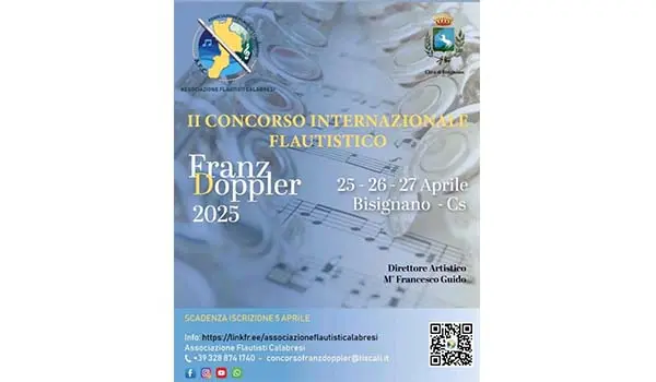 L’Associazione Flautisti Calabresi presenta il concorso internazionale flautistico “Franz Doppler” 2025 dal 25 al 27 aprile a Bisignano