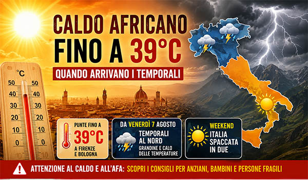 Meteo Italia, caldo africano fino a 39°C: quando arrivano temporali e primo calo delle temperature