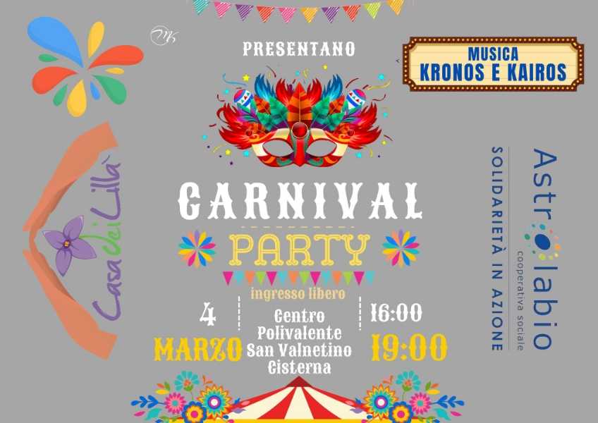 Carnival Party al Centro Polivalente San Valentino di Cisterna: il 4 marzo si tinge di allegria