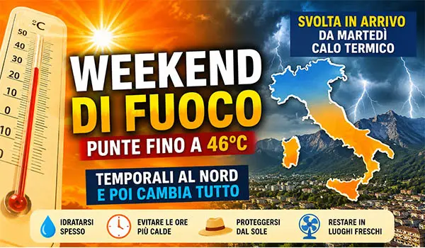 Meteo Italia, weekend di fuoco con punte fino a 46°C: temporali al Nord e poi arriva la svolta con il calo delle temperature