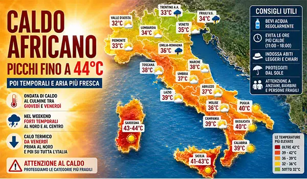 Caldo record sull'Italia, picchi fino a 44°C: quando arriverà il sollievo e come proteggersi dall'ondata africana