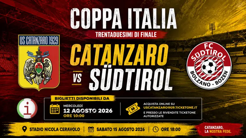 Calcio. Catanzaro - Südtirol in Coppa Italia, parte la vendita dei biglietti: prezzi, riduzioni e dove acquistarli