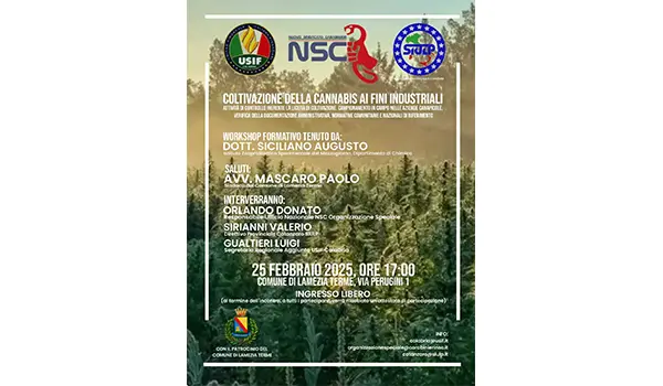 A Lamezia Terme un workshop formativo sulla coltivazione della cannabis ai fini industriali. Iniziativa a cura di USIF, NSC e SIULP