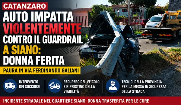 Catanzaro, auto impatta violentemente contro il guardrail a Siano: donna ferita