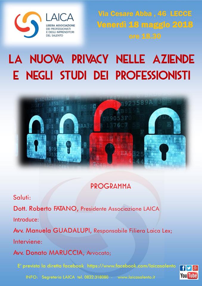 La nuova privacy nelle aziende e negli studi dei professionisti: venerdì 18 maggio il convegno da La