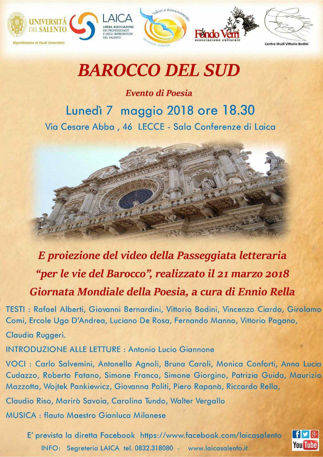 "Barocco del Sud", domani l'evento di poesia da Laica in collaborazione con Unisalento...