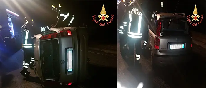 Incidente stradale SP148, condizioni meteo avverse Fiat Panda si ribalta a Satriano (Cz)