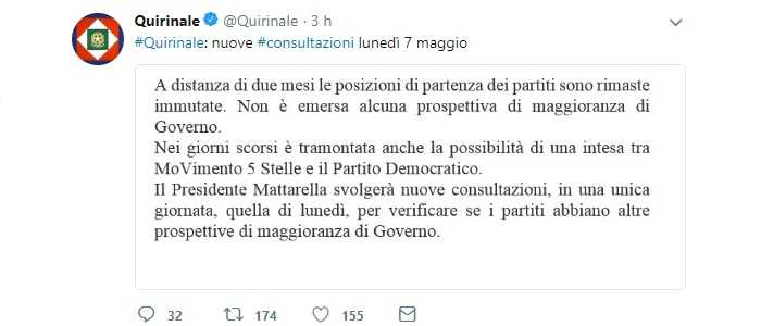 Mattarella, lunedì nuove consultazioni che si chiuderanno in giornata