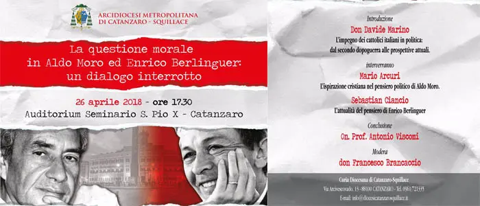 A Catanzaro convegno "La questione morale in Aldo Moro ed Enrico Berlinguer: un dialogo interrotto"