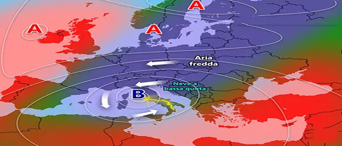 Meteo: vortice depressionario porta neve a quote basse, previsioni su Nord, Centro, Sud e Isole