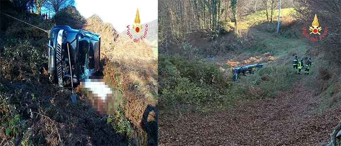 Incidente stradale: Auto si ribalta, i VVF estraggono dalle lamiere il corpo esanime (Foto)