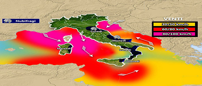 Meteo: Allerta Nubifragi e Venti fortissimi, previsioni su Nord, Centro, Sud e Isole