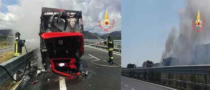 Catanzaro. Incendio  Tir vicino la Cittadella regionale  tempestivo l'intervento dei VVF (Foto)