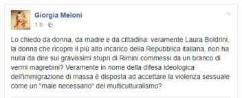 Stupro Rimini, Meloni attacca Boldrini: "Non ha nulla da dire su questi vermi magrebini"?