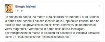 Stupro Rimini, Meloni attacca Boldrini: "Non ha nulla da dire su questi vermi magrebini"?