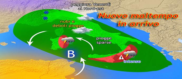 Meteo: Nubifragi e neve sull'Italia, nuovo calo temperature