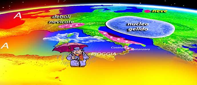 Meteo: Neve in pianura gelicidio al Nordovest e Adriatiche