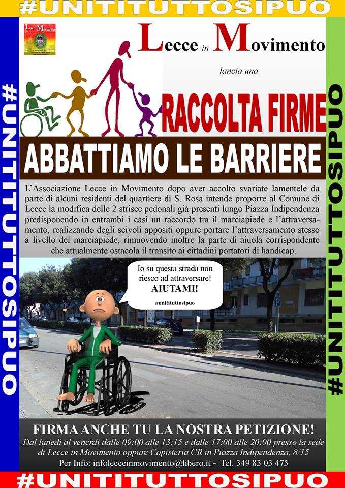 Lecce: A Santa Rosa una raccolta firme per adeguare le strisce pedonali per “diversamente-abili”