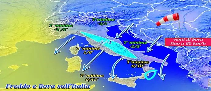 Meteo: Crollo termico di 10°, venti forti di Bora, raffiche fino a 60 km/h