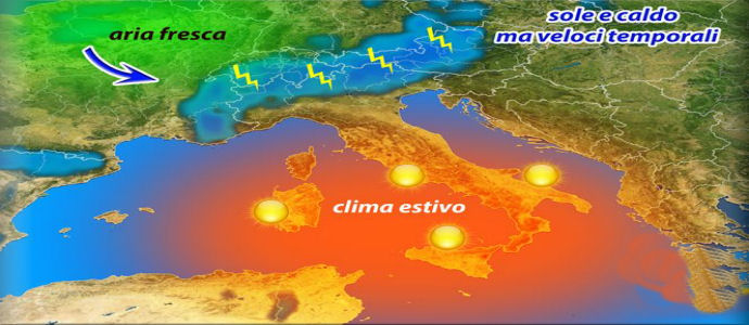 Meteo: Sole caldo max 36° e temporali