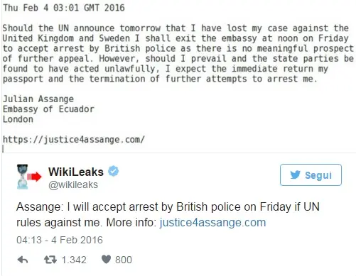 Nazioni Unite con Assange:"Ingiusta detenzione". Domani la decisione definiva