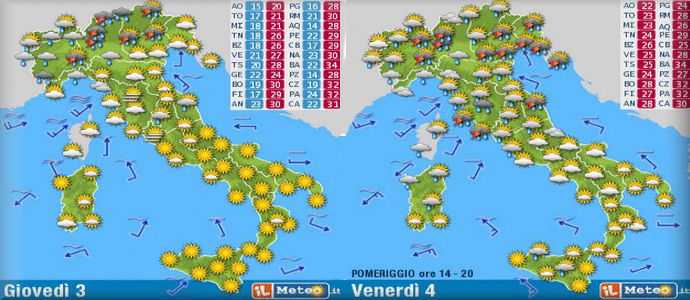 Meteo: Caldo intenso fino a 37 al Sud. Allerta nubifragi al Centro-Nord da Venerdì specie a Milano