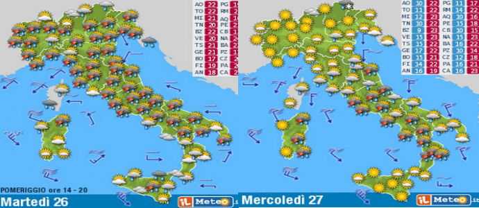 Meteo: Oggi e domani piogge, al CentroSud ed Emilia Romagna e basso Veneto , poi sole