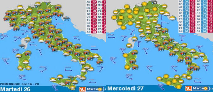 Meteo: Oggi e domani piogge, al CentroSud ed Emilia Romagna e basso Veneto , poi sole