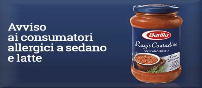 Barilla ritira dai supermercati Ragu' Contadino a rischio coloro che soffrono di allergia