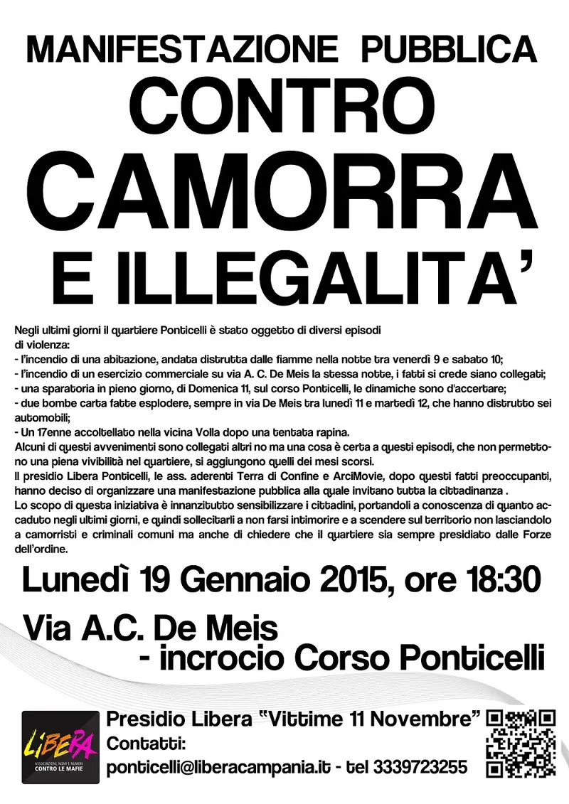 Ponticelli in piazza contro la camorra: manifestazione pubblica dopo gli ultimi atti di violenza