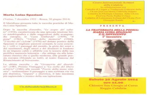 Il Cis Calabria presenta "La traversata della poesia: Maria Luisa Spaziani ed il Novecento"