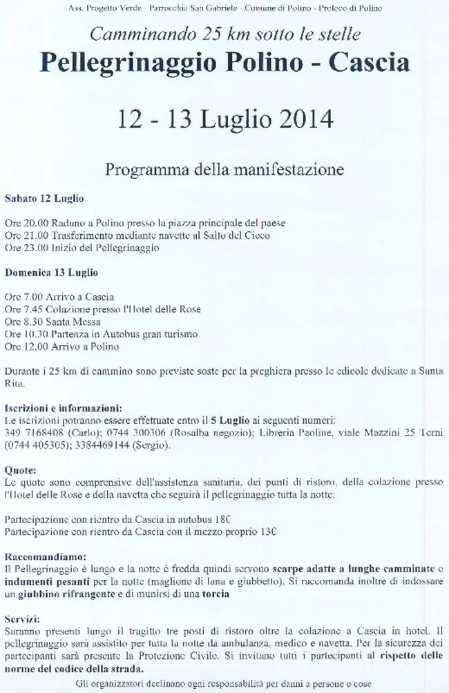 Pellegrinaggio a piedi Polino-Cascia, 12-13 Luglio 2014