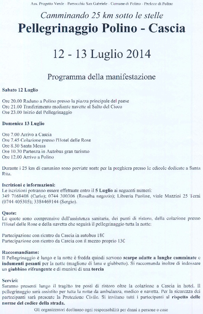 Pellegrinaggio a piedi Polino-Cascia, 12-13 Luglio 2014
