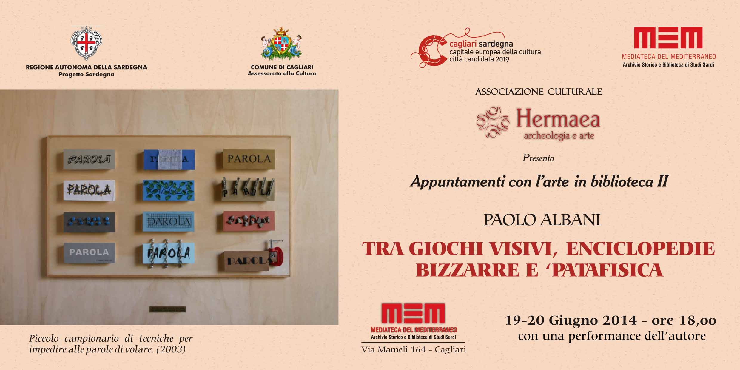 "Appuntamenti con l'arte in biblioteca", Paolo Albani al Mem di Cagliari il 19 e il 20 giugno