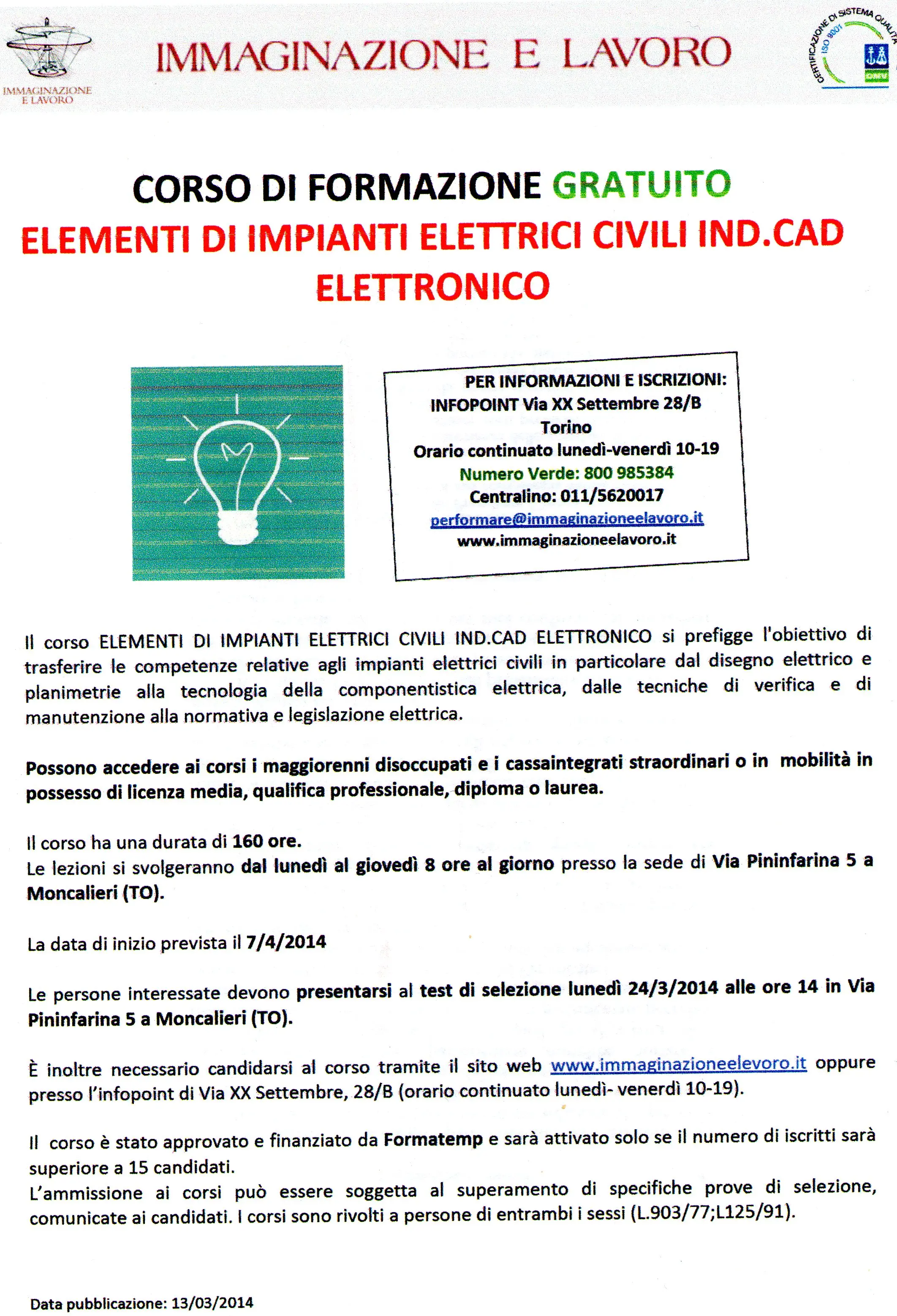 Immaginazione e Lavoro: corso gratuito Impianti elettrici civili, industriali e cad elettronico