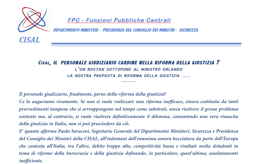 Cisal: "Il personale giudiziario, finalmente, perno della riforma della giustizia?"