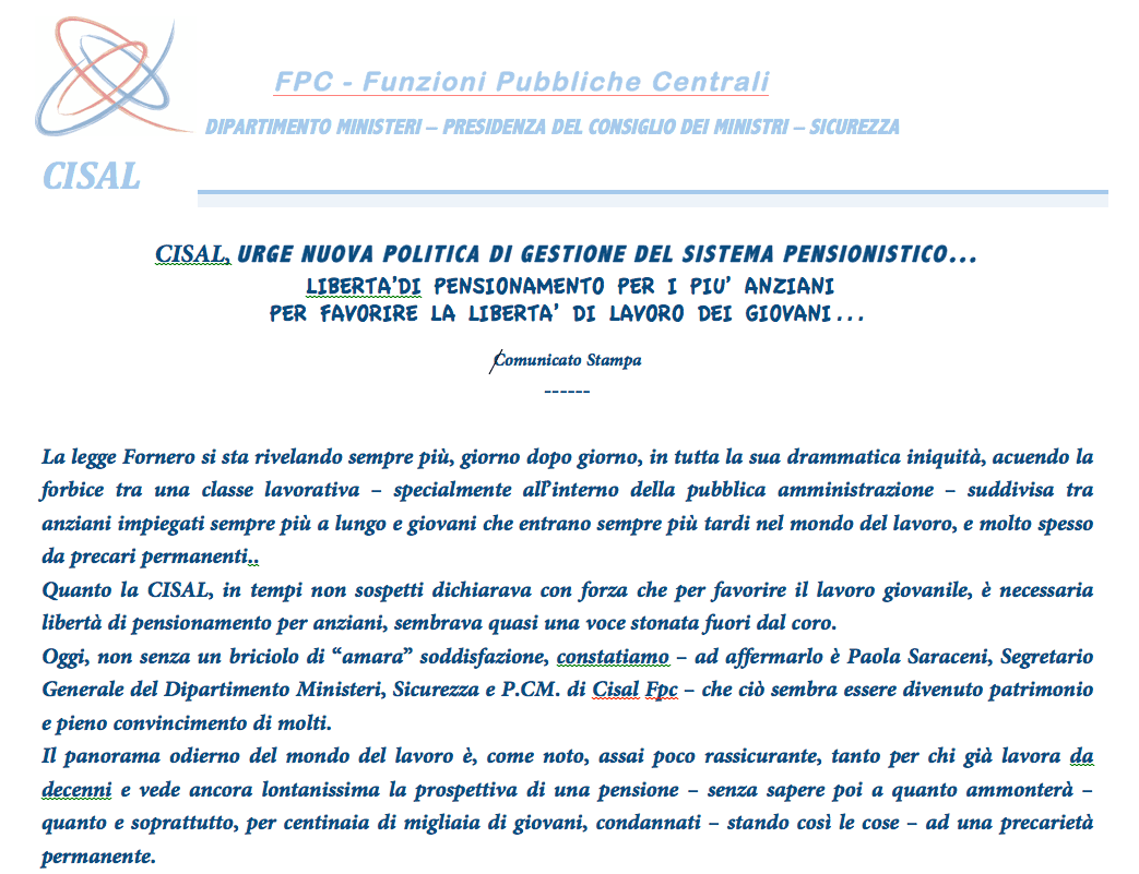 Cisal, urge nuova politica di gestione del sistema pensionistico