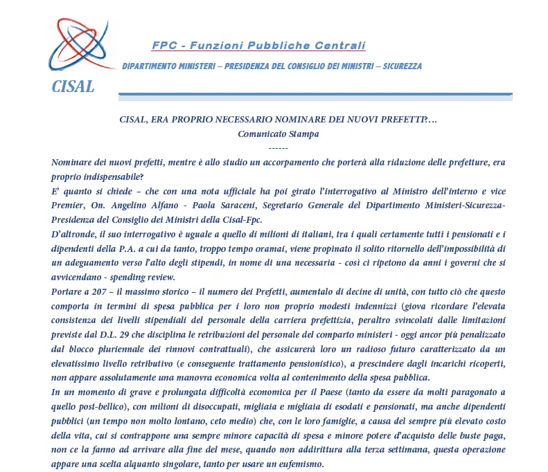 Cisal: "Era proprio necessario nominare nuovi prefetti?"