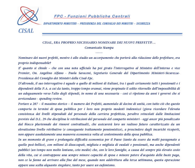 Cisal: "Era proprio necessario nominare nuovi prefetti?"