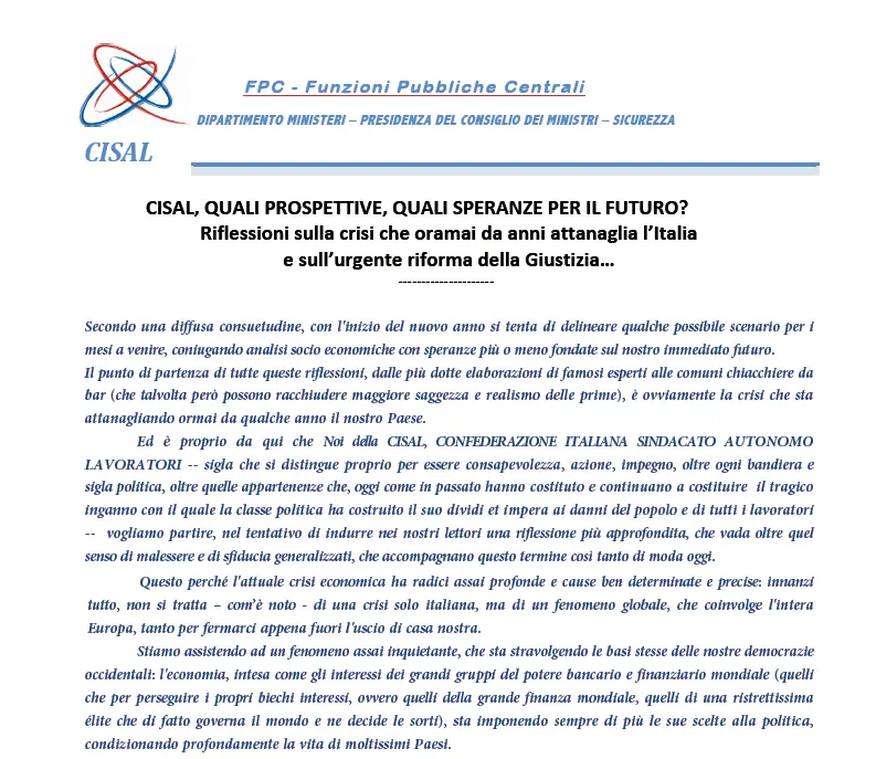 CISAL: quali prospettive, quali speranze per il futuro? Riflessioni...