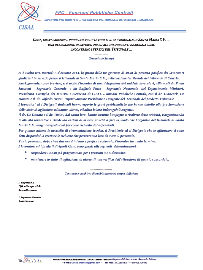 Cisal, a S.M.C.V., i lavoratori giudiziari incontrano vertici tribunale