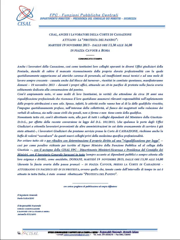 Cisal, anche i lavoratori della corte di cassazione  attuano  la "protesta del panino": martedì 19