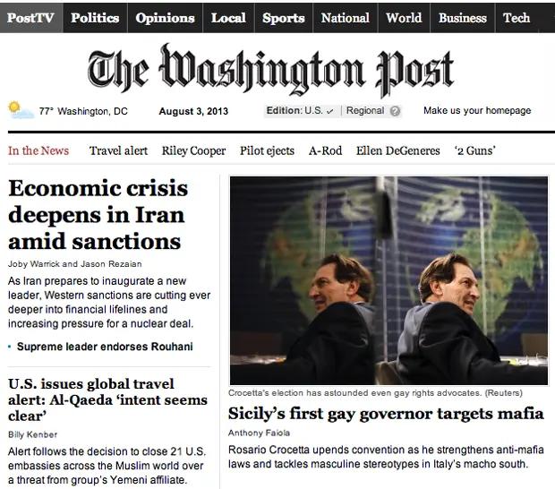 Tra antimafia e diritti gay. Il "Washington Post" omaggia il presidente siciliano Crocetta