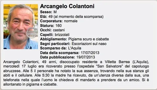 Villetta Barrea, scomparso Arcangelo Colantoni. L'appello dei familiari: Aiutateci